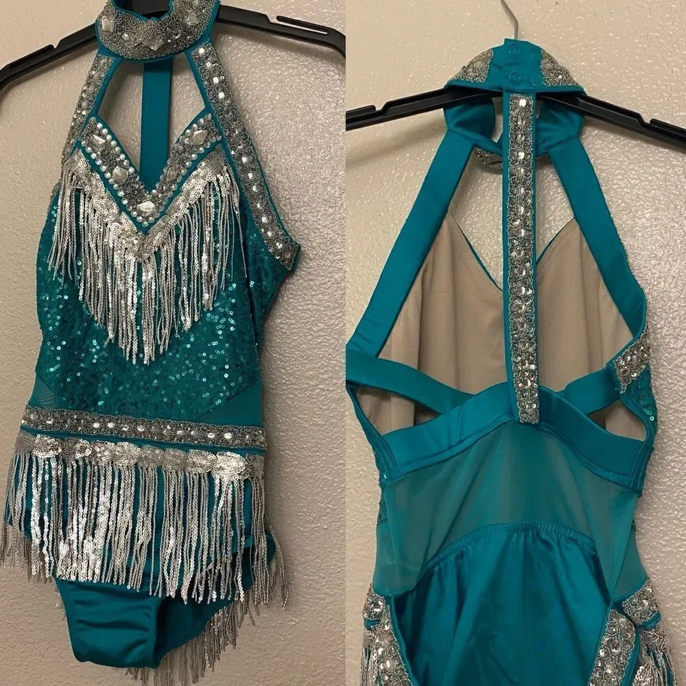 Glamour dance costume teal silver fringe contemporary Broadway embellished SA